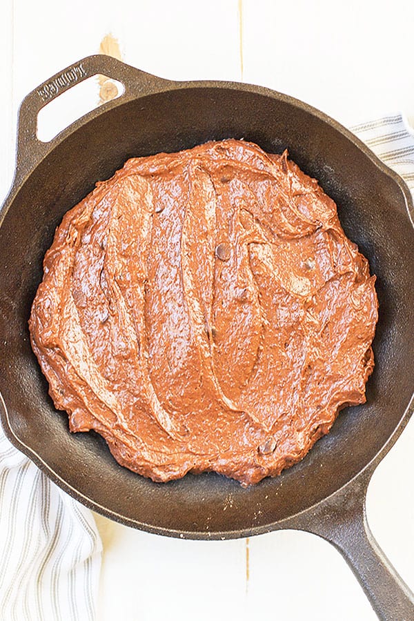 For this skillet brownie, I use my homemade brownie mix which is much healthier than store bought mixes. Just add eggs, butter and vanilla and you have the perfect healthier dessert! 