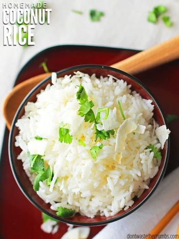 Easy to make recipe for savory & healthy coconut rice! Made with jasmine or basmati rice & coconut milk/cream, this versatile recipe is a perfect side dish. :: DontWastetheCrumbs.com