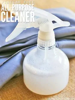 This simple 3 ingredients recipe for DIY homemade all purpose cleaner doesn't have vinegar yet cleans just as well! It took care of the grease in the kitchen too, which is a big deal for me. Simple recipe is super frugal and safe for kids and babies too! :: DontWastetheCrumbs.com