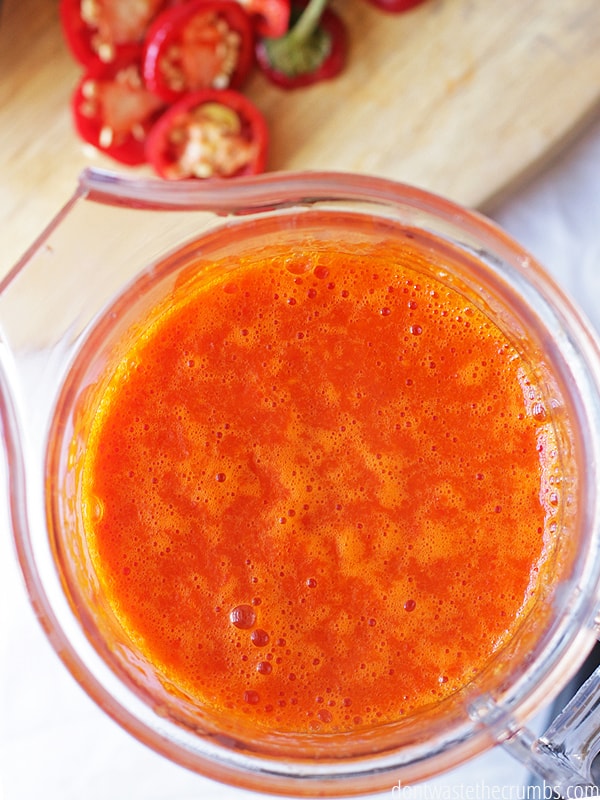Overview of homemade hot sauce in a blender.
