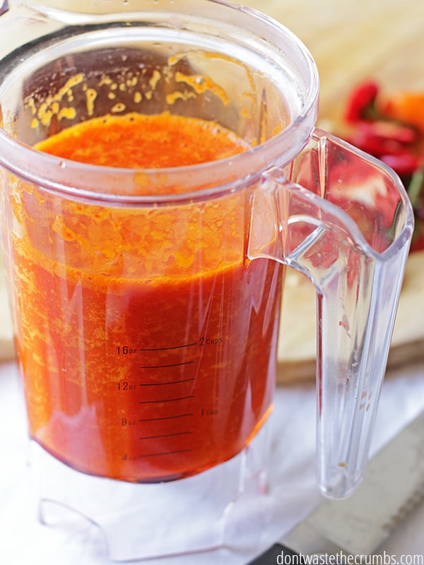 Blender jar with homemade hot sauce in it.