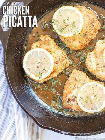 Easy and healthy lemon caper chicken piccata recipe! Use chicken breasts, thighs, or make with fish. Makes a delicious lemon sauce that's perfect with rice. :: DontWastetheCrumbs.com