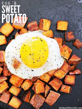 Easy & healthy breakfast recipe for fried sweet potatoes and runny eggs. Ready in minutes and is great for using up leftover mashed or diced sweet potatoes! :: DontWastetheCrumbs.com