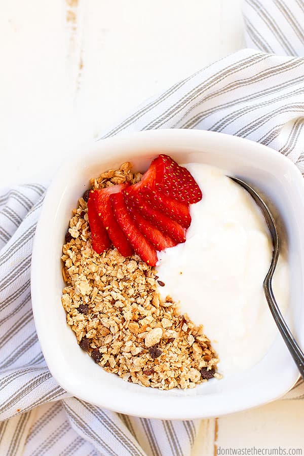 Sweeten homemade yogurt with maple syrup or honey and try flavoring it with delicious vanilla bean powder! Goes great with seasonal fresh fruit! YUM!