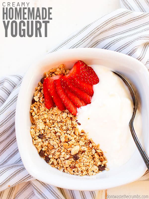 Try making this homemade yogurt recipe, which is easier than you think! It's much healthier than store-bought yogurt, and a great way to control the sweetener. Enjoy it flavored any way you like it! ::dontwastethecrumbs