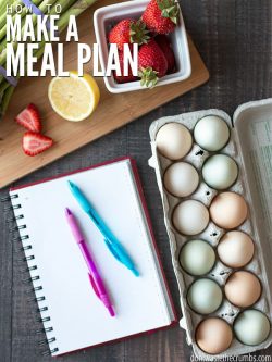 A dozen eggs, a notebook and pens, and a cutting board with strawberries, lemon, and asparagus on a brown background. Text overlay says "How to Make a Meal Plan"