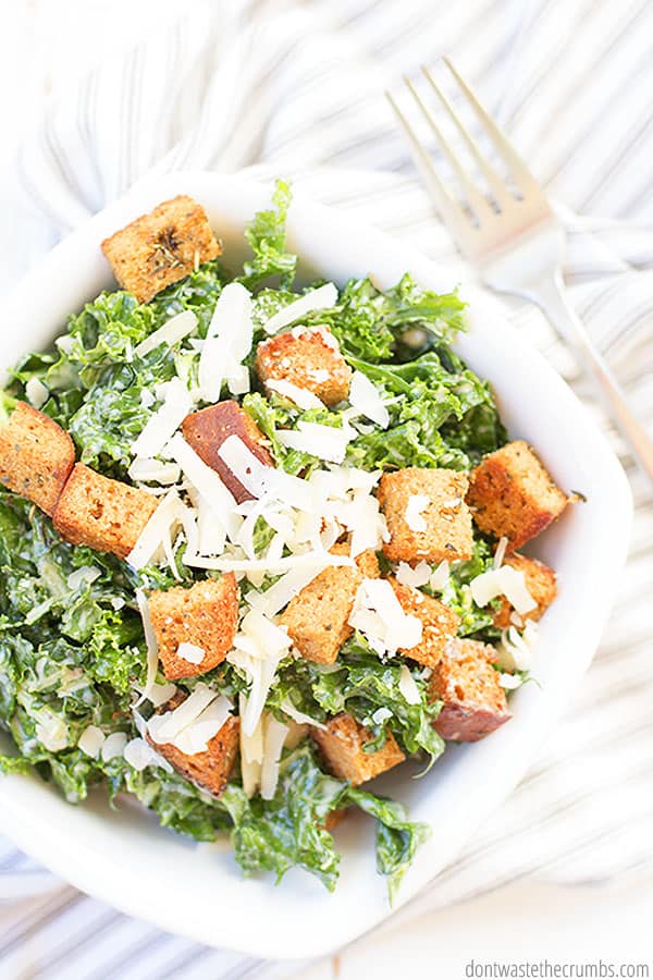 This delicious Caesar salad goes great with chicken or a main pasta meal! Since kale is in season in cooler seasons, enjoy any time of the year! The dressing has dairy-free options too!