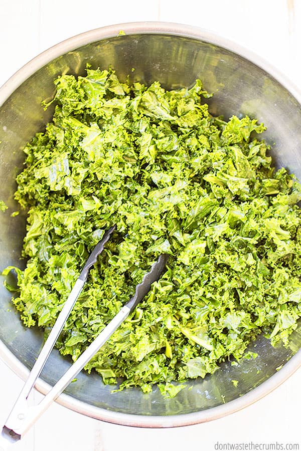 Massage the lemon and olive oil into the kale leaves with you hands to remove the bitterness of the leaves! Then dress your salad with you favorite homemade Caesar dressing. 