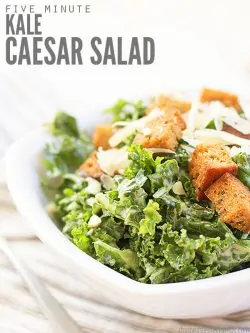 Kale is a great stand-in for romaine in Caesar Salad! It doesn't get soggy like lettuce and is super nutritious! A great option for salads year-round since kale is in season in cooler weather. Top with parmesan, croutons and your favorite caesar dressing! ::dontwastethecrumbs.com