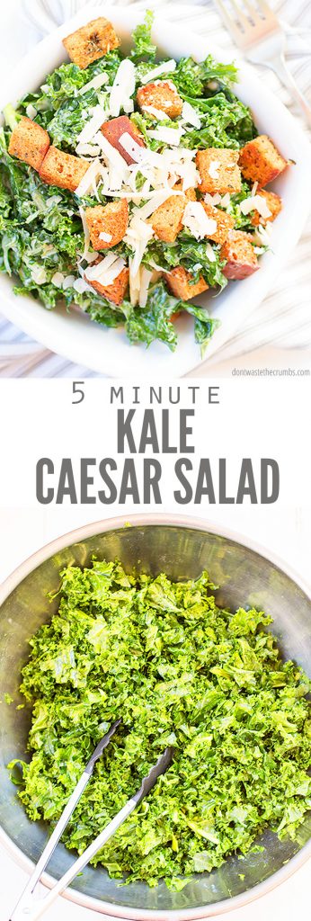 Top photo: an assembled kale caesar salad complete with croutons and dressing. Bottom photo: a bowl of kale with salad tongs. Text overlay reads "5 Minute Kale Caesar Salad"