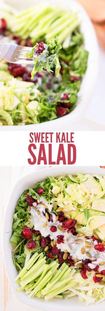 Two photo collage of a sweet kale salad from two different angles. Text overlay reads "Sweet Kale Salad"