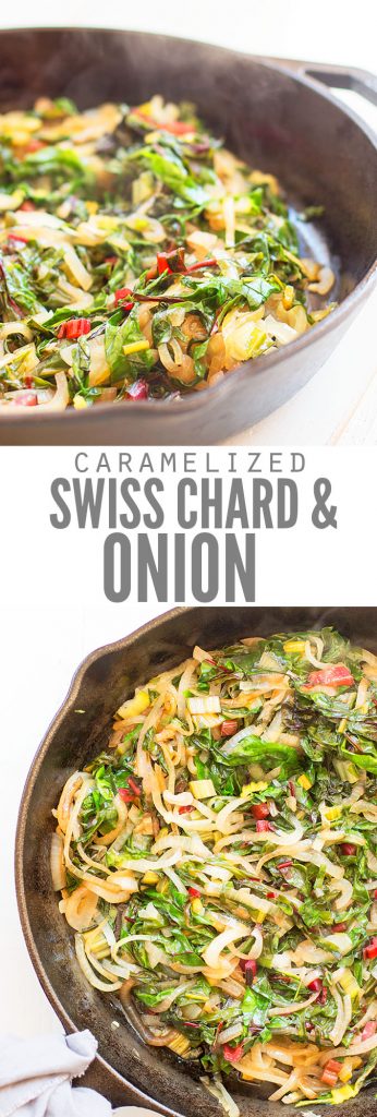 This Caramelized Onions and Swiss chard Recipe is super healthy and can easily be made vegan! We use rainbow or red chard and sometimes add peppers too! This is my husband's all-time favorite recipe! Enjoy it as a side with my Almond Crusted Baked Chicken Recipe!