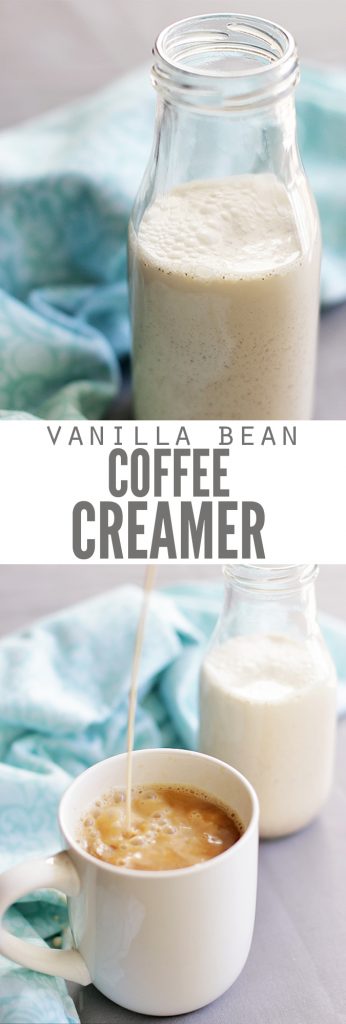 A collage of two images. On top, a glass bottle of vanilla coffee creamer with a dish towel in the background. On bottom a mug of coffee with a stream of homemade coffee creamer pouring into it, a glass bottle of creamer and a dish towel in the background. A text overlay reads "Vanilla Bean Coffee Creamer"