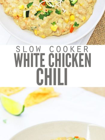 My family loves this easy recipe for slow cooker white chicken chili. Toss it all in the pot, set it to low and let the slow cooker make a delicious, kid-friendly dinner for you! This recipe is freezer-friendly and can easily be doubled for a crowd! :: DontWastetheCrumbs.com