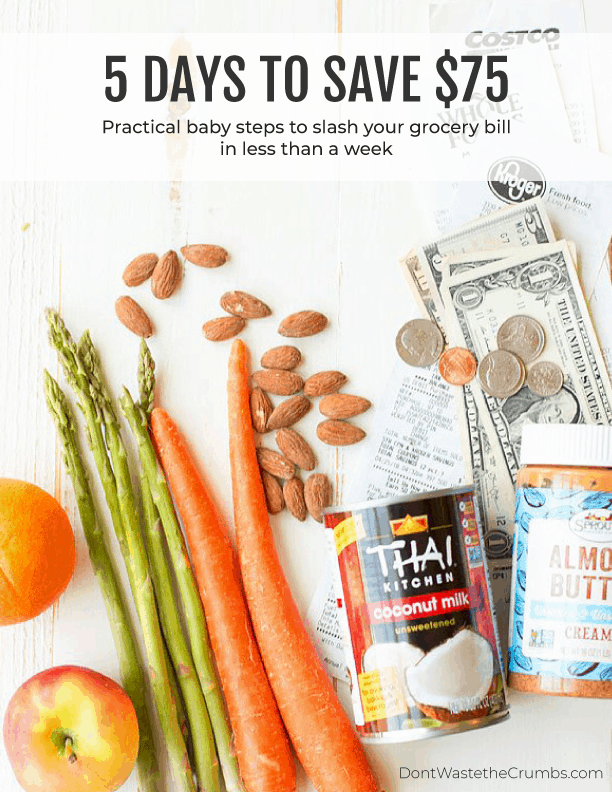 Cover image of 5 Days to Save $75. Vegetables, canned food, and money displayed on a white background.