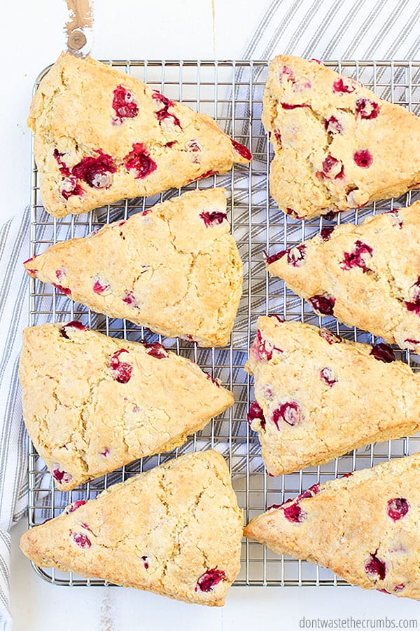 These airy cranberry orange scones, cut into triangular pieces and punctuated by bright red cranberries, cool on a baking rack.