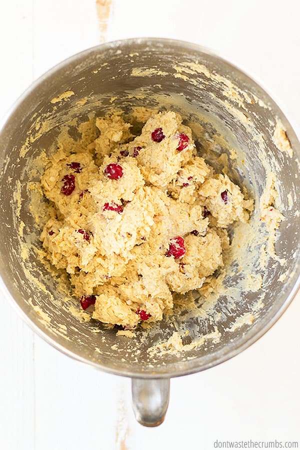 The fresh and real food ingredients come together rather quickly and easily with this cranberry orange scone recipe. You can use a mixer or mish-mash by hand. 