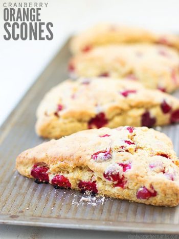 You'll wake up on the right side of the bed each morning with these delicious cranberry orange scones. Made with only fresh, real food ingredients like whole wheat Einkorn flour and coconut sugar, treat yourself to these with a hot cup of coffee in the morning! ::DontWastetheCrumbs.com