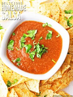 Quick and easy homemade salsa recipe. Made with simple on-hand ingredients. Great taste with just enough kick to make you come back for more!