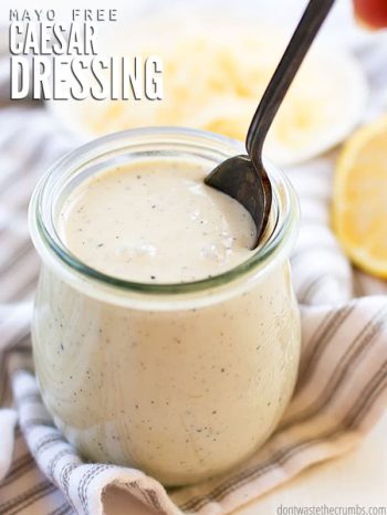 This flavorful, quick and easy No-Mayo Caesar Salad Dressing is made with healthy probiotics, and can be made dairy-free.