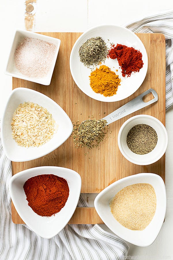 This 9 spice mix is perfect for meat, like pork or roasted chicken, but also perfect for oven roasted vegetables.