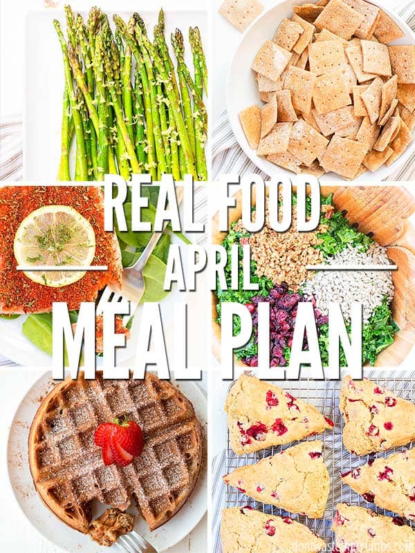 This one month meal plan of Spring Dinner Recipes for April is just what you need! Feed your family healthy meals while cutting costs and saving money. Eating real food on a budget IS possible and it starts with a solid meal plan! :: DontWastetheCrumbs.com