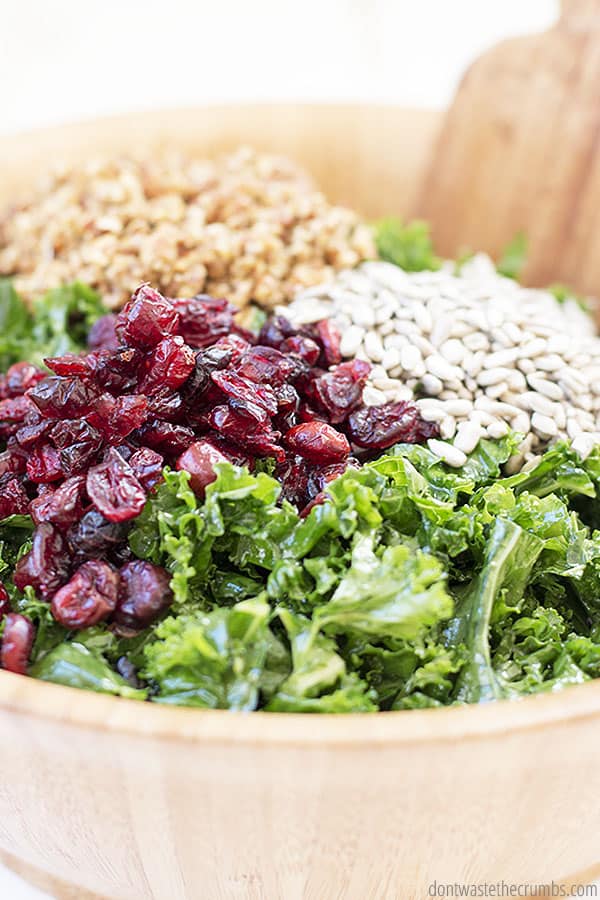 This kale salad recipe is delicious with walnuts and sunflower seeds. You can switch out the nuts if you prefer almonds or pecan. YUM!