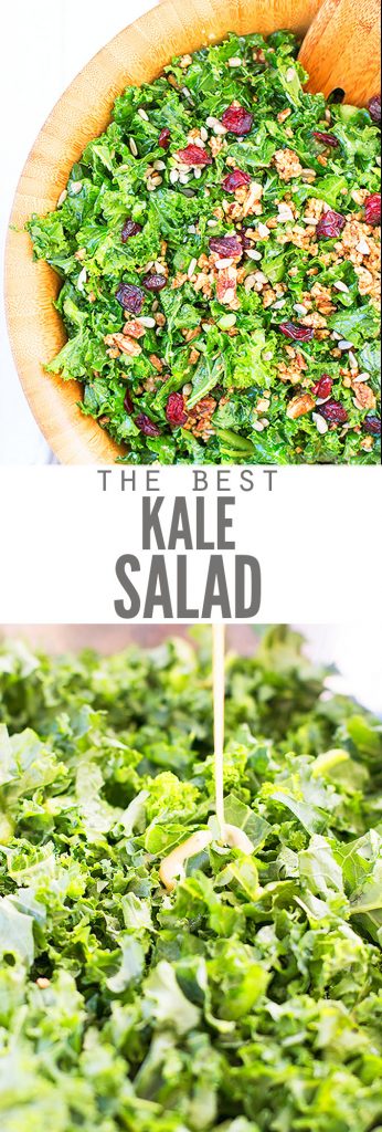 Top photo: the best kale salad assembled in a wooden bowl. Bottom photo: salad dressing being drizzled over a kale salad. Text overlay reads "The Best Kale Salad"