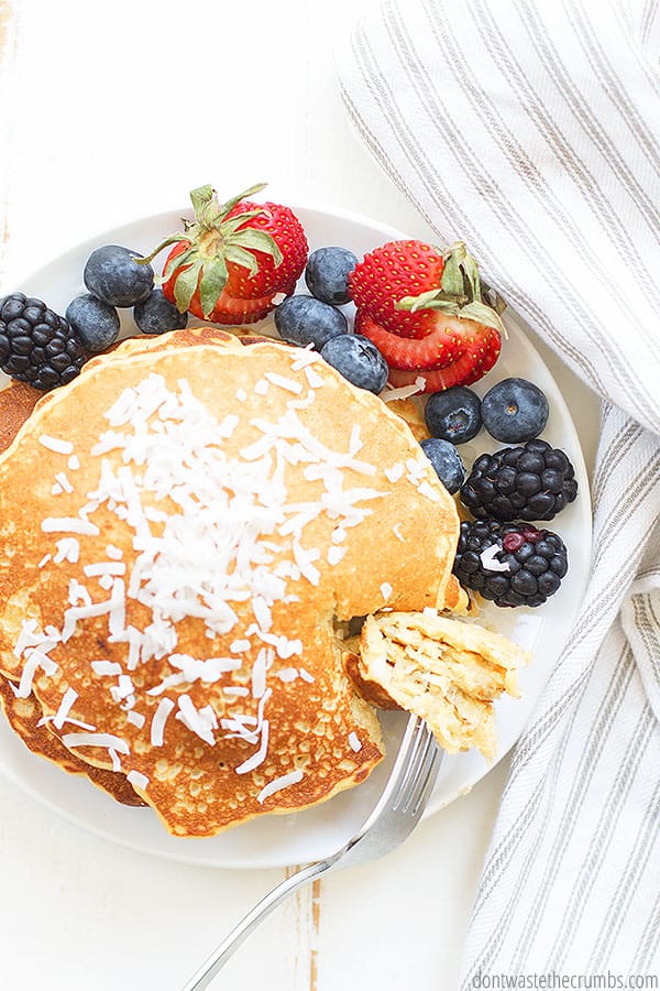 This sourdough pancake recipe uses delicious toasted coconut and banana. It is super versatile and you can use other fruit, like apples, if you prefer.