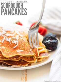 Easy recipe for Toasted Coconut and Banana Sourdough Pancakes. A great way to use up sourdough starter discard! Adaptable to gluten-free families, too! :: DontWastetheCrumbs.com