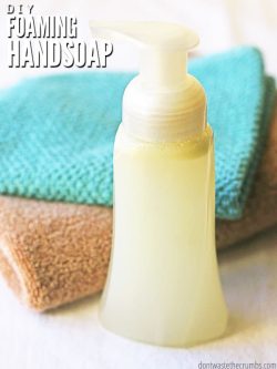 I love this SUPER simple recipe for all natural homemade hand soap! It uses just two ingredients, is ready in less than 2 minutes and works for both a foam dispenser and a regular one too. The best part - it's WAY cheaper than store-bought and doesn't contain toxic ingredients! :: DontWastetheCrumbs.com