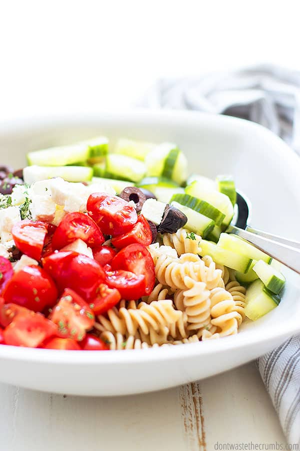 This Greek pasta salad recipe is versatile. Easily swap ingredients for what you have on hand, or use your favorite type of pasta!