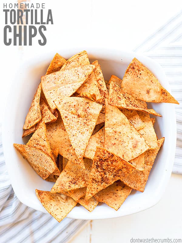 Try these baked Homemade Tortilla Chips made from corn, flour or cassava tortillas! A perfect way to use up leftover tortillas, and flavor any way you like!