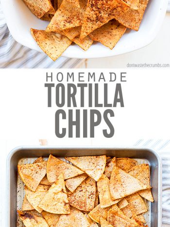 Try these baked Homemade Tortilla Chips made from corn, flour or cassava tortillas! A perfect way to use up leftover tortillas, and you can flavor them any way you like!