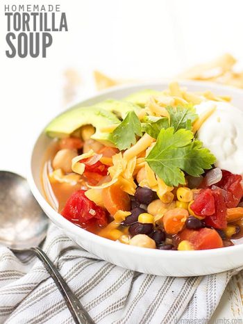 Delicious homemade tortilla soup recipe - can be made with chicken or vegetarian. Authentic flavor, real food ingredients & can be made in the slow cooker! :: DontWastetheCrumbs.com