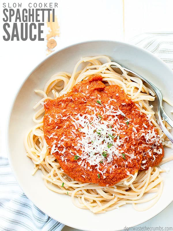 This meaty spaghetti sauce is SO easy to make - the slow cooker does all the work!