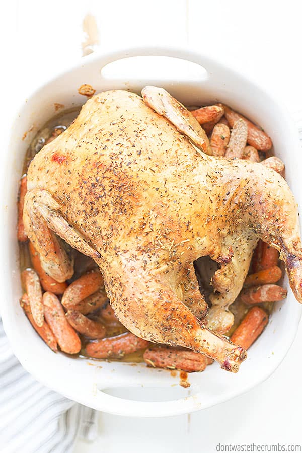 Turning the chicken for the oven roasted chicken recipe is really the key to an even golden and crispy skin. YUM!