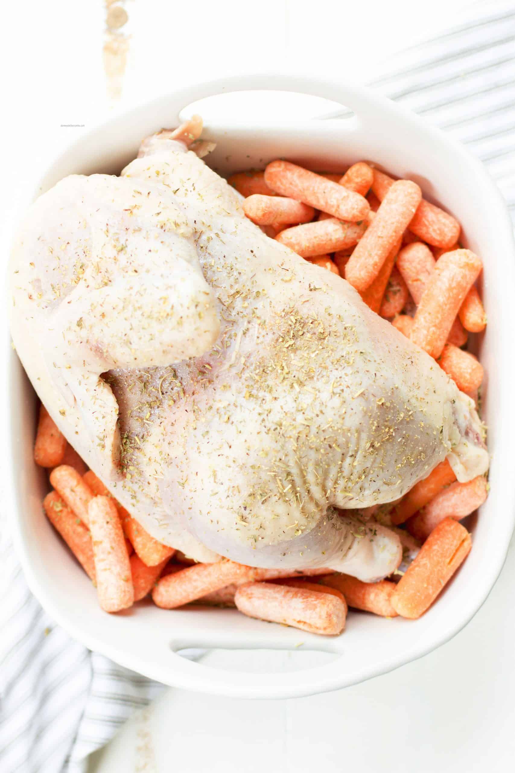 With such simple ingredients such as a whole chicken, butter and seasonings, the prep is so easy for this oven whole roasted chicken!