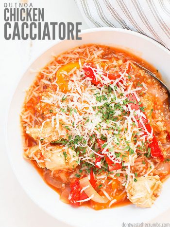 A one pot wonder easy recipe, this Quinoa Chicken Cacciatore is as simple as throwing a few ingredients into the slow cooker, setting it, and forgetting it. Forget to put in the slow cooker? No worries, this clean eating and simple meal can still be on your table in 30 minutes or less! :: DontWastetheCrumbs.com