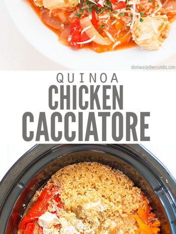 Try this one-pot wonder recipe, Slow Cooker Quinoa Chicken Cacciatore! Just throw a few ingredients in the slow cooker, or have it ready on the stove-top in 30 minutes! Pairs perfectly with a delicious Kale Caesar Salad! 