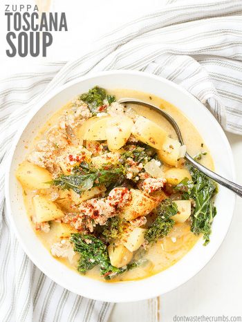 This healthy & rustic Zuppa Toscana soup recipe is gluten-free, whole 30, and tastes like Olive Garden! Made with healthy ingredients like kale, creamy coconut milk, and homemade Italian sausage. :: DontWastetheCrumbs.com