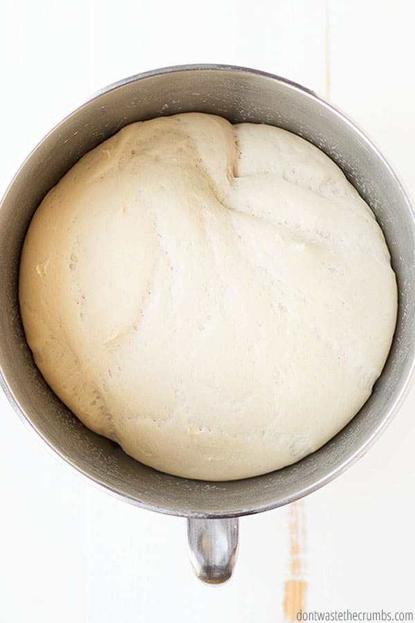 The fresh sourdough dough has risen to double it's size, and is now ready to be baked in a Dutch oven or 2 loaf pans.