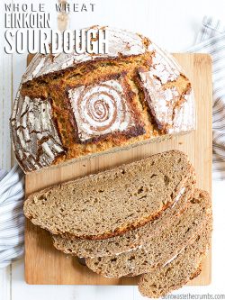 Healthy and easy recipe for whole wheat Einkorn sourdough bread that is great for sandwiches and uses 100% whole grain einkorn flour & a sourdough starter. :: DontWastetheCrumbs.com