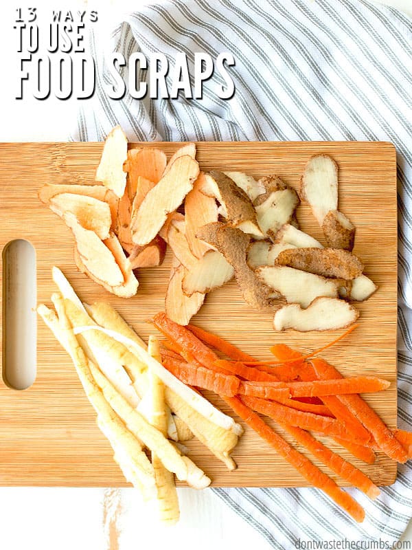 Great list of 13 ways to use food scraps. It's an easy way to save money - use food scraps instead of throwing food away to save money on food!