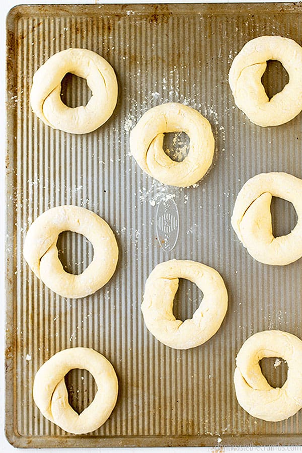 Raw dough in bagel shapes on a baking sheet pan.