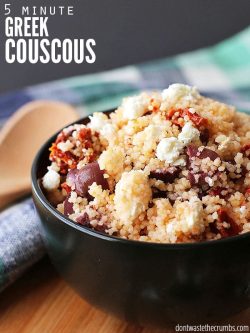 Healthy, simple, easy & delicious five-minute greek couscous, will wow your tastebuds. An amazingly simple recipe that packs a ton of flavor! :: DontWastetheCrumbs.com