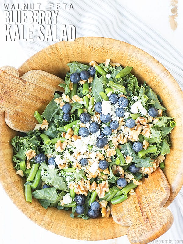 This kale salad with blueberries, walnuts, and feta is so easy to make and super versatile! You can customize about every ingredient based on what's in season or what you have on hand!