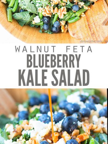 Top photo: a kale salad with blueberries, walnuts, and feta in a wooden bowl with salad tongs. Bottom photo: dressing being drizzled on a kale salad with blueberries. Text overlay reads "Walnut Feta Blueberry Kale Salad"