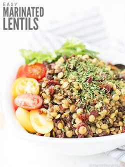 An easy vegan recipe for marinated lentil salad with sun-dried tomatoes - a perfect side dish! Can use brown or green lentils made in the Instant pot or stove! :: DontWasteTheCrumbs.com