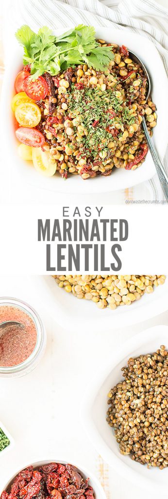 Easy vegan recipe for marinated lentil salad with sun dried tomatoes - a perfect side dish! Can use brown or green lentils made in the Instant pot or stove!
